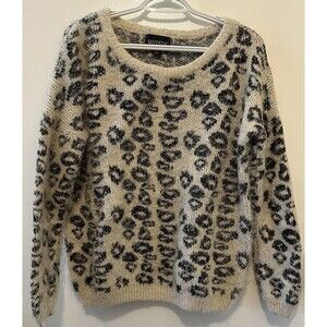Cream & Black Leopard Print Eyelash Sweater w/ Metallic thread Size Large